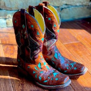 Brown and Turquoise Leather Corral Cowgirl Boots